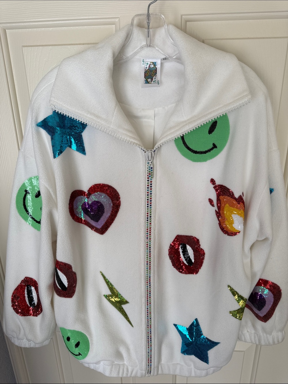QUEEN OF SPARKLES White Sequin Emoji Patch Zip Jacket - Picture 4 of 4